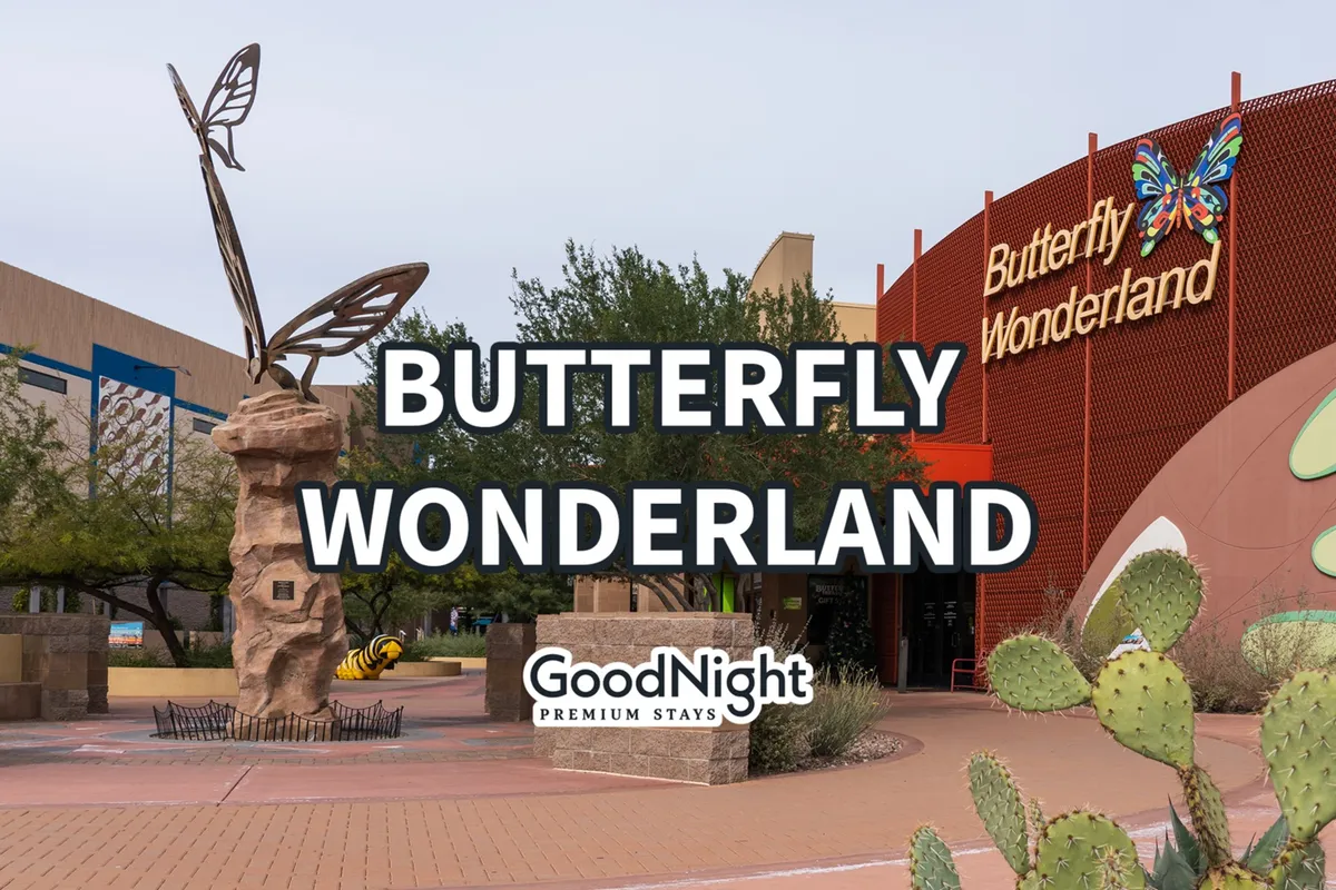 The image shows the exterior of Butterfly Wonderland, featuring a striking butterfly sculpture, signage, lush landscaped greenery, and desert cactus plants. The whimsical entrance sets a playful, family-friendly tone and immediately communicates that this is a destination for fun and learning.